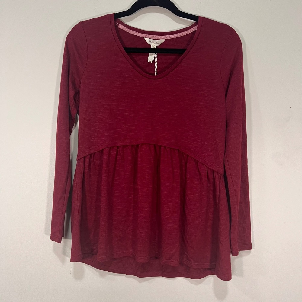 Matilda Jane Womens Small Burgundy Slub Knit Peplum V-Neck Long Sleeve Top NWT